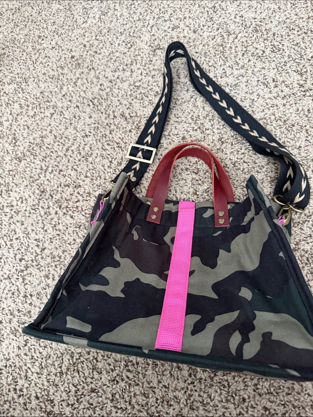 Camo Canvas Tote with Pink Accent and Leather Handles